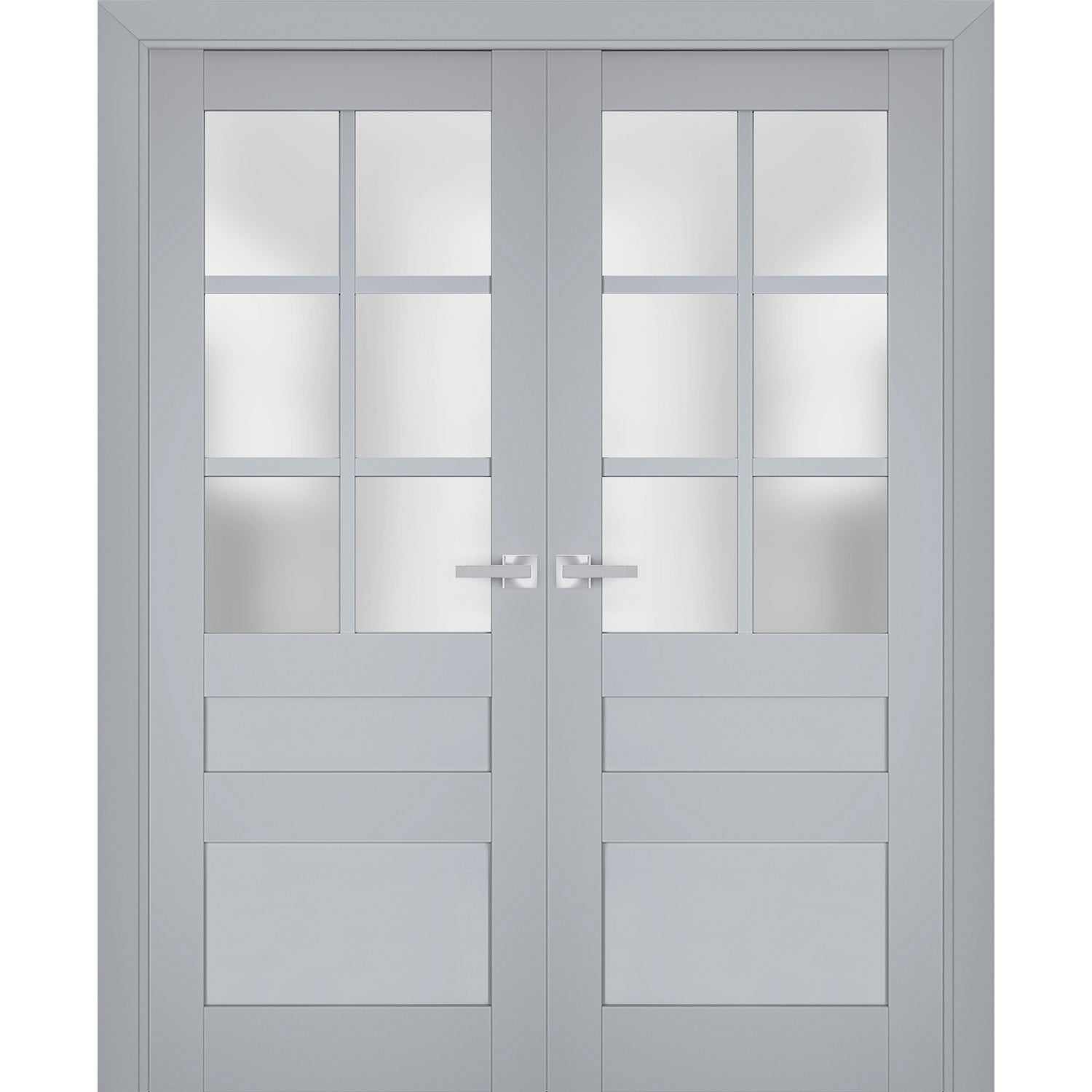 Interior Solid French Double Doors | Veregio 7339 Matte Grey with Frosted Glass | Wood Solid Panel Frame Trims | Closet Bedroom Sturdy Doors