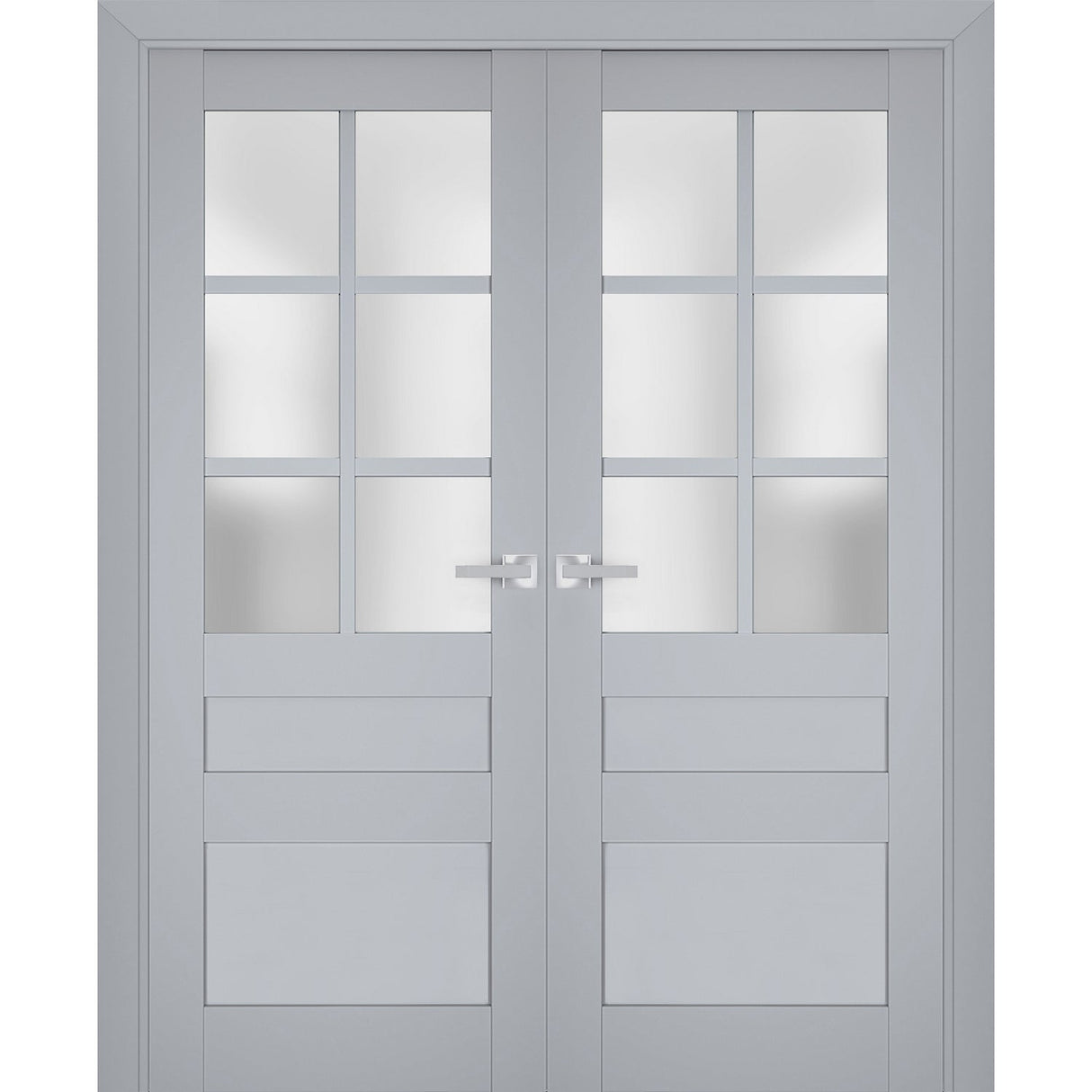 Interior Solid French Double Doors | Veregio 7339 Matte Grey with Frosted Glass | Wood Solid Panel Frame Trims | Closet Bedroom Sturdy Doors