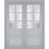 Interior Solid French Double Doors | Veregio 7339 Matte Grey with Frosted Glass | Wood Solid Panel Frame Trims | Closet Bedroom Sturdy Doors