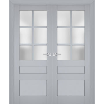 Interior Solid French Double Doors | Veregio 7339 Matte Grey with Frosted Glass | Wood Solid Panel Frame Trims | Closet Bedroom Sturdy Doors
