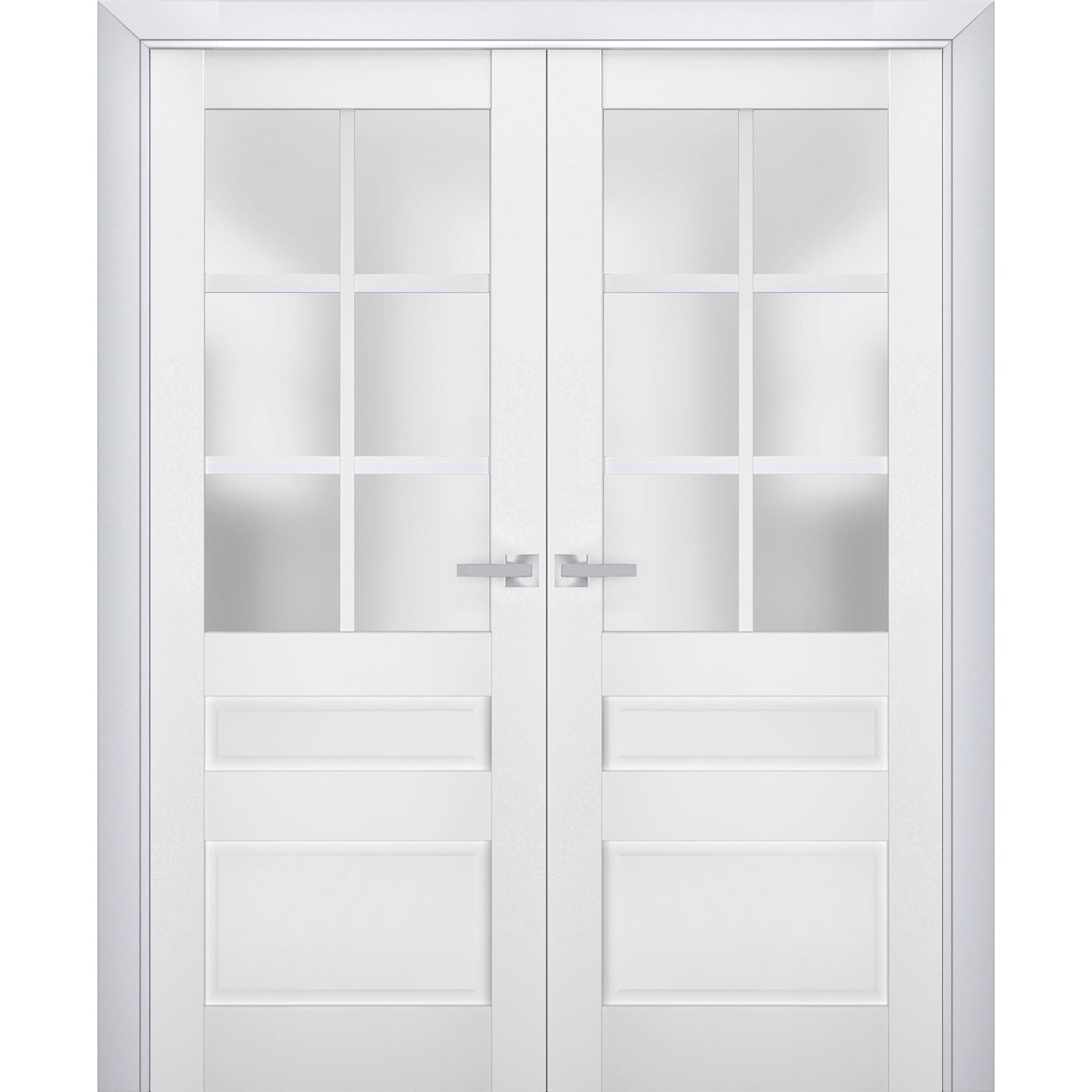 Interior Solid French Double Doors | Veregio 7339 White Silk with Frosted Glass | Wood Solid Panel Frame Trims | Closet Bedroom Sturdy Doors