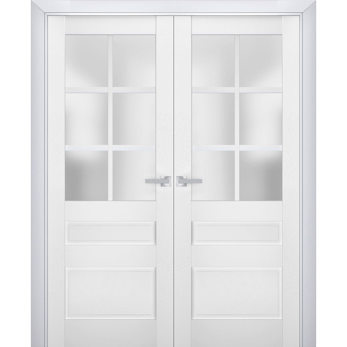 Interior Solid French Double Doors | Veregio 7339 White Silk with Frosted Glass | Wood Solid Panel Frame Trims | Closet Bedroom Sturdy Doors