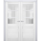 Interior Solid French Double Doors | Veregio 7339 White Silk with Frosted Glass | Wood Solid Panel Frame Trims | Closet Bedroom Sturdy Doors