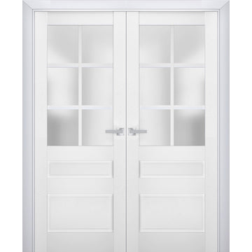 Interior Solid French Double Doors | Veregio 7339 White Silk with Frosted Glass | Wood Solid Panel Frame Trims | Closet Bedroom Sturdy Doors