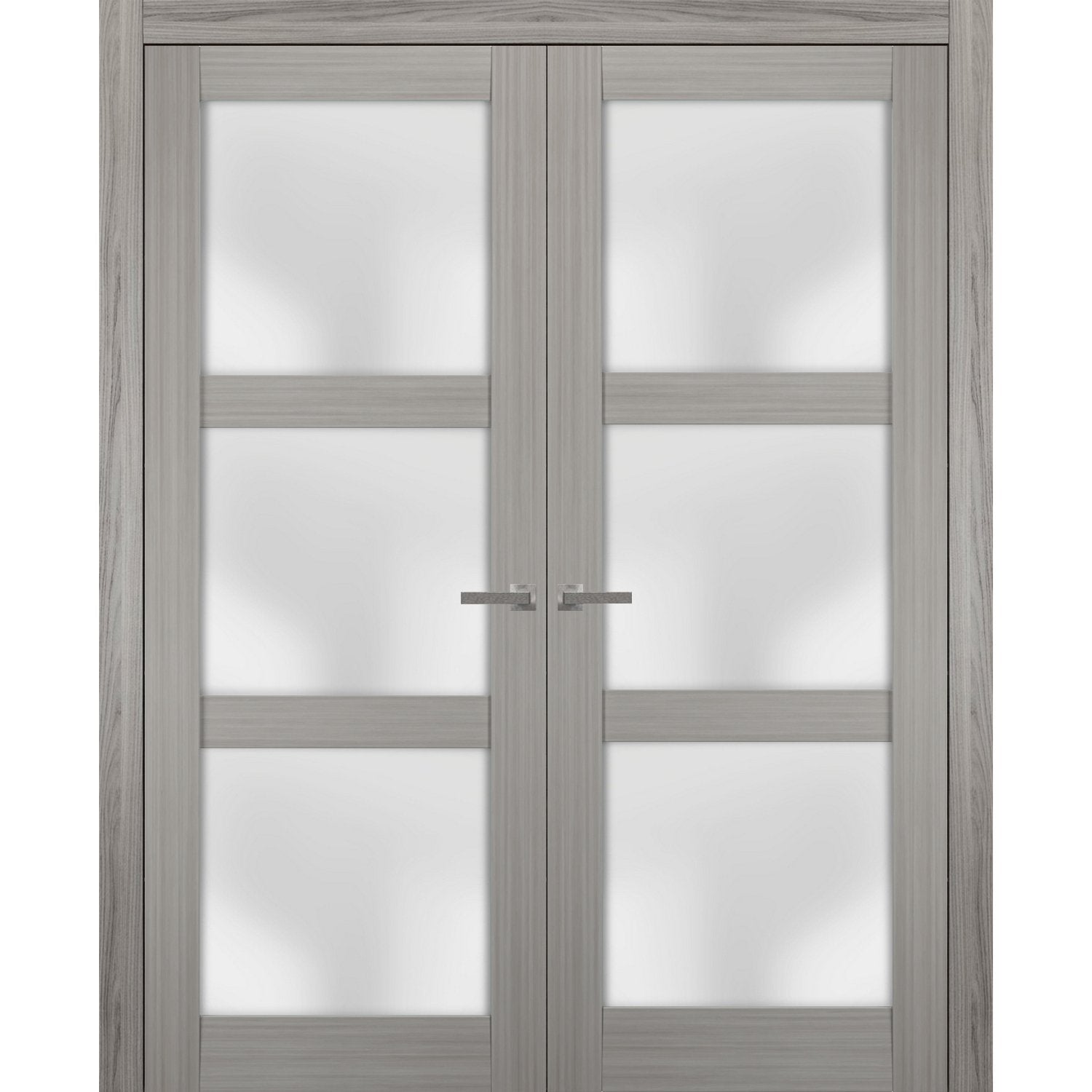 Solid French Double Doors | Lucia 2552 Grey Ash with Frosted Glass | Wood Solid Panel Frame Trims | Closet Bedroom Sturdy Doors