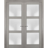 Solid French Double Doors | Lucia 2552 Grey Ash with Frosted Glass | Wood Solid Panel Frame Trims | Closet Bedroom Sturdy Doors
