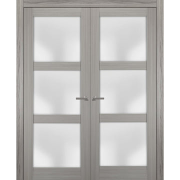 Solid French Double Doors | Lucia 2552 Grey Ash with Frosted Glass | Wood Solid Panel Frame Trims | Closet Bedroom Sturdy Doors