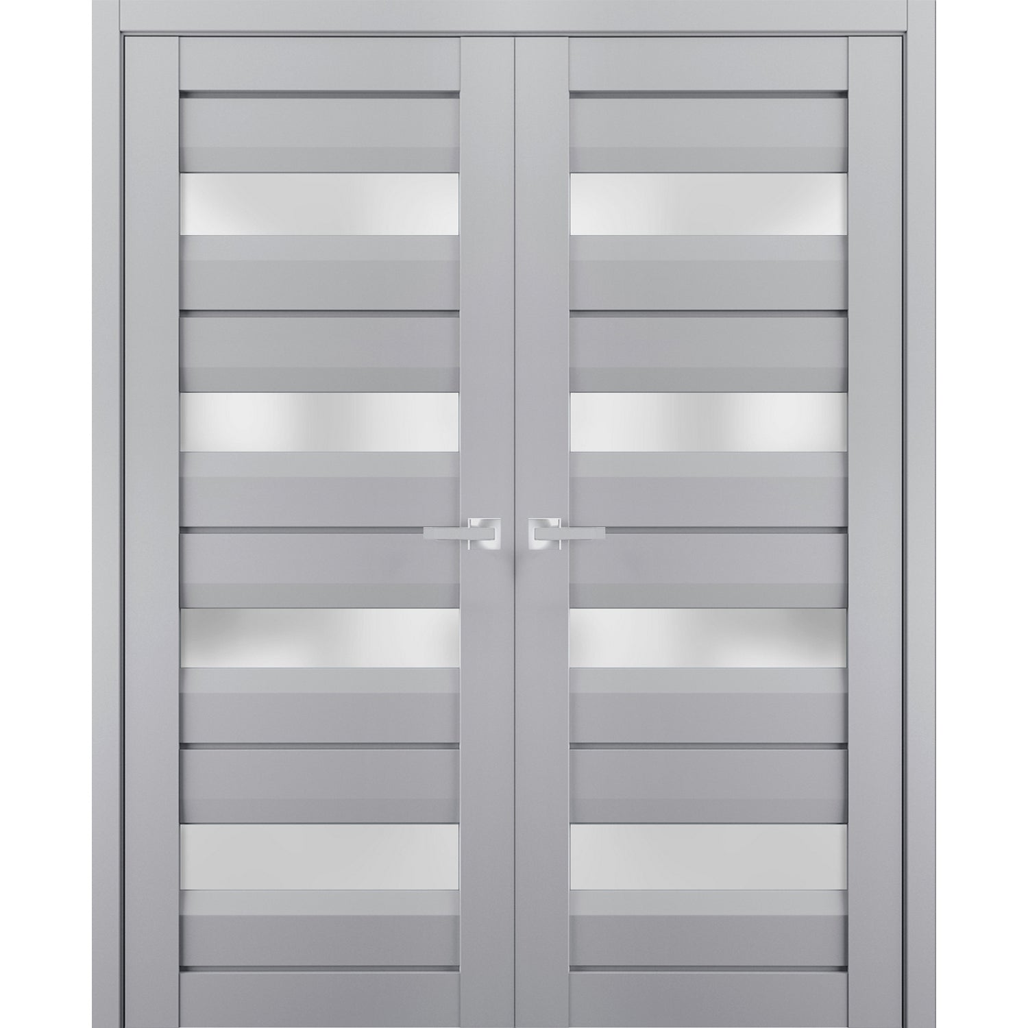 Interior Solid French Double Doors | Veregio 7455 Matte Grey with Frosted Glass | Wood Solid Panel Frame Trims | Closet Bedroom Sturdy Doors