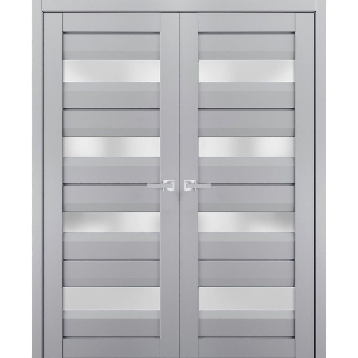 Interior Solid French Double Doors | Veregio 7455 Matte Grey with Frosted Glass | Wood Solid Panel Frame Trims | Closet Bedroom Sturdy Doors