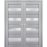 Interior Solid French Double Doors | Veregio 7455 Matte Grey with Frosted Glass | Wood Solid Panel Frame Trims | Closet Bedroom Sturdy Doors