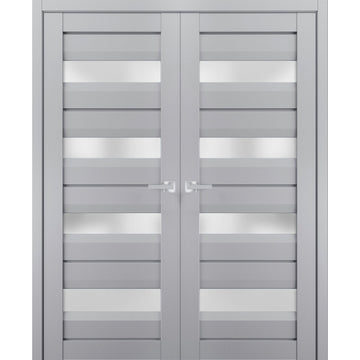 Interior Solid French Double Doors | Veregio 7455 Matte Grey with Frosted Glass | Wood Solid Panel Frame Trims | Closet Bedroom Sturdy Doors