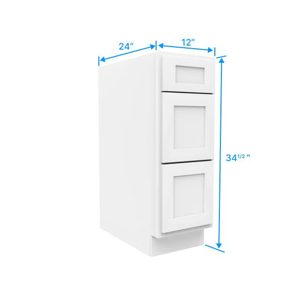 Drawer Base Cabinet - 12W x 34 - 1/2H x 24D - 3DRW - Aria White Shaker - BUILDMYPLACE