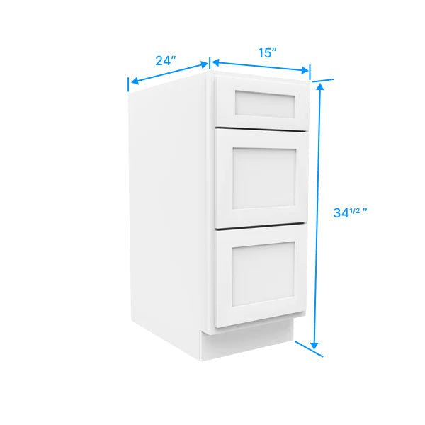 Drawer Base Cabinet - 15W x 34 - 1/2H x 24D - 3DRW - Aria White Shaker - BUILDMYPLACE