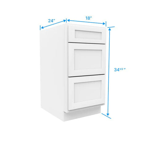 Drawer Base Cabinet - 18W x 34 - 1/2H x 24D - 3DRW - Aria White Shaker - BUILDMYPLACE