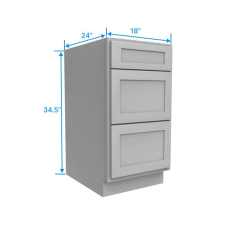 Drawer Base Cabinet - 18W x 34.5H x 24D - 3DRW - Grey Shaker Cabinet - RTA - BUILDMYPLACE