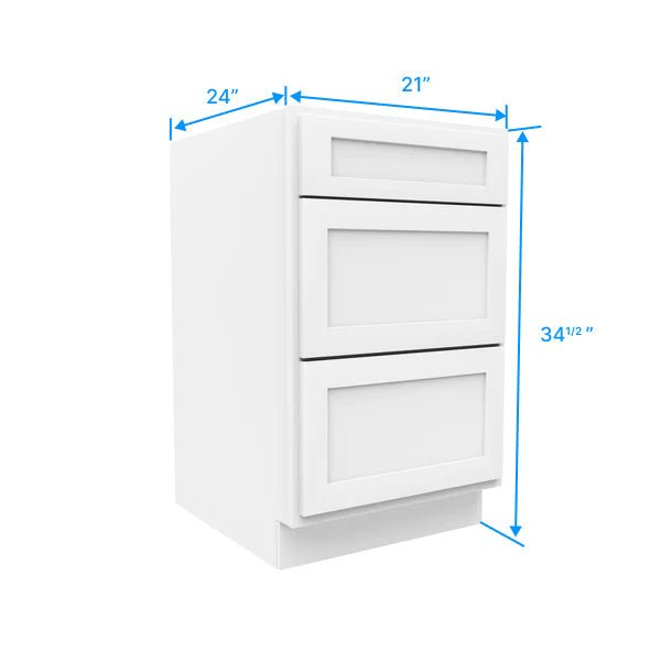 Drawer Base Cabinet - 21W x 34 - 1/2H x 24D - 3DRW - Aria White Shaker - BUILDMYPLACE