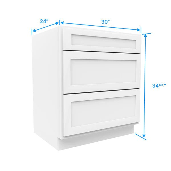 Drawer Base Cabinet - 30W x 34 - 1/2H x 24D - 3DRW - Aria White Shaker - BUILDMYPLACE