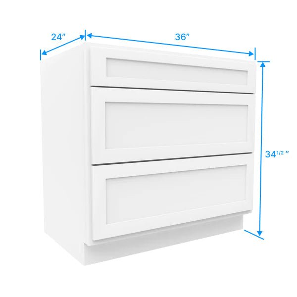 Drawer Base Cabinet - 36W x 34 - 1/2H x 24D - 3DRW - Aria White Shaker - BUILDMYPLACE