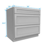 Drawer Base Cabinet - 36W x 34.5H x 24D - 3DRW - Grey Shaker Cabinet - BUILDMYPLACE