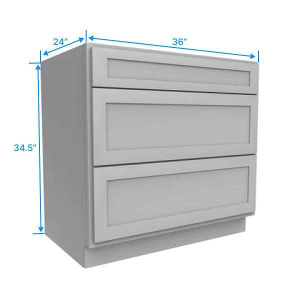 Drawer Base Cabinet - 36W x 34.5H x 24D - 3DRW - Grey Shaker Cabinet - RTA - BUILDMYPLACE