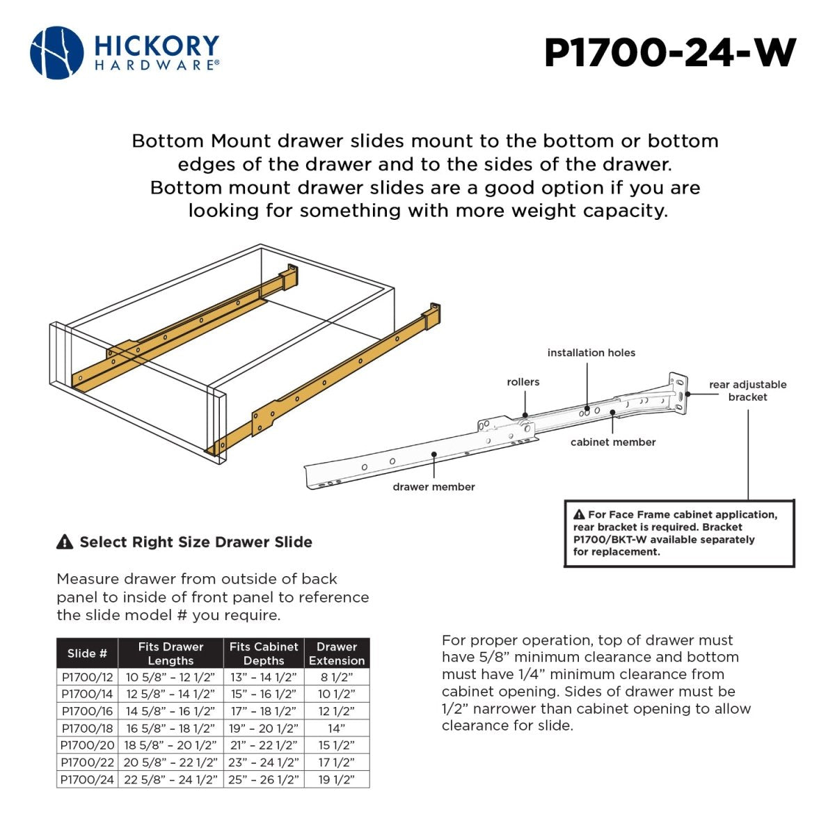 Drawer Slide Bottom Mount 3/4 Extension 12 Inch - Hickory Hardware - BUILDMYPLACE