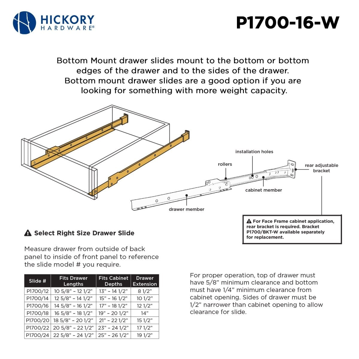 Drawer Slide Bottom Mount 3/4 Extension 12 Inch - Hickory Hardware - BUILDMYPLACE