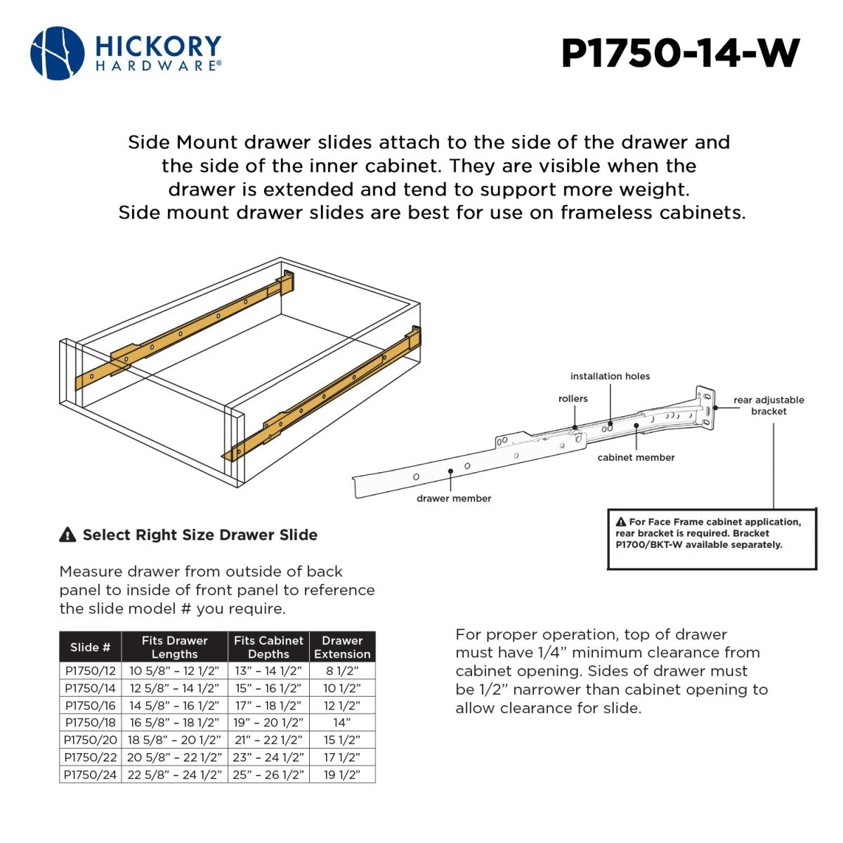 Drawer Slide Side Mount 3/4 Extension 12 Inch - Hickory Hardware - BUILDMYPLACE