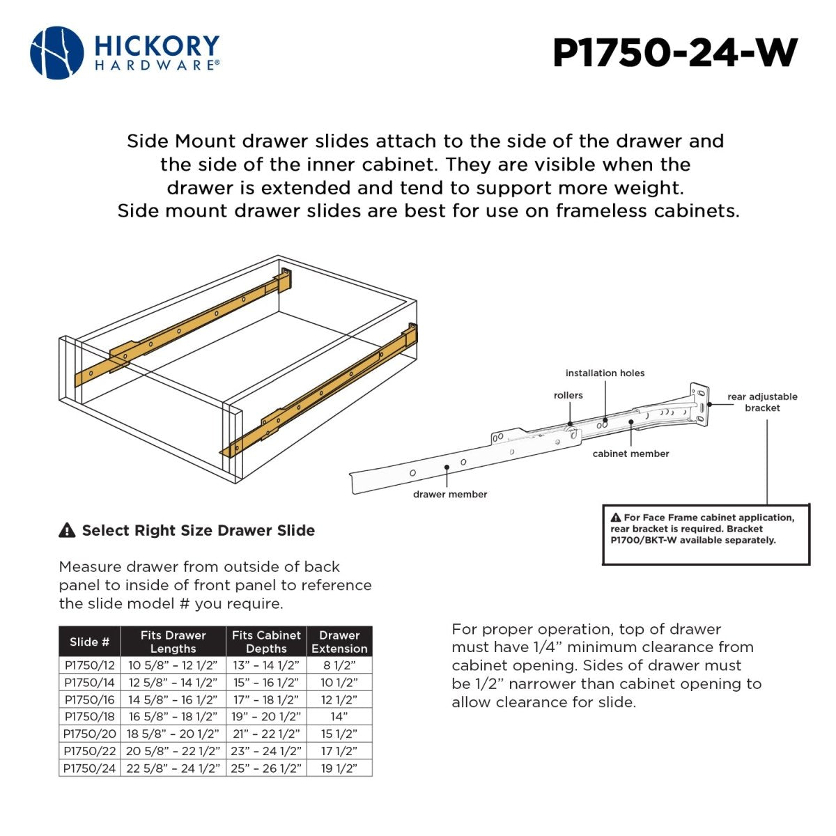 Drawer Slide Side Mount 3/4 Extension 12 Inch - Hickory Hardware - BUILDMYPLACE