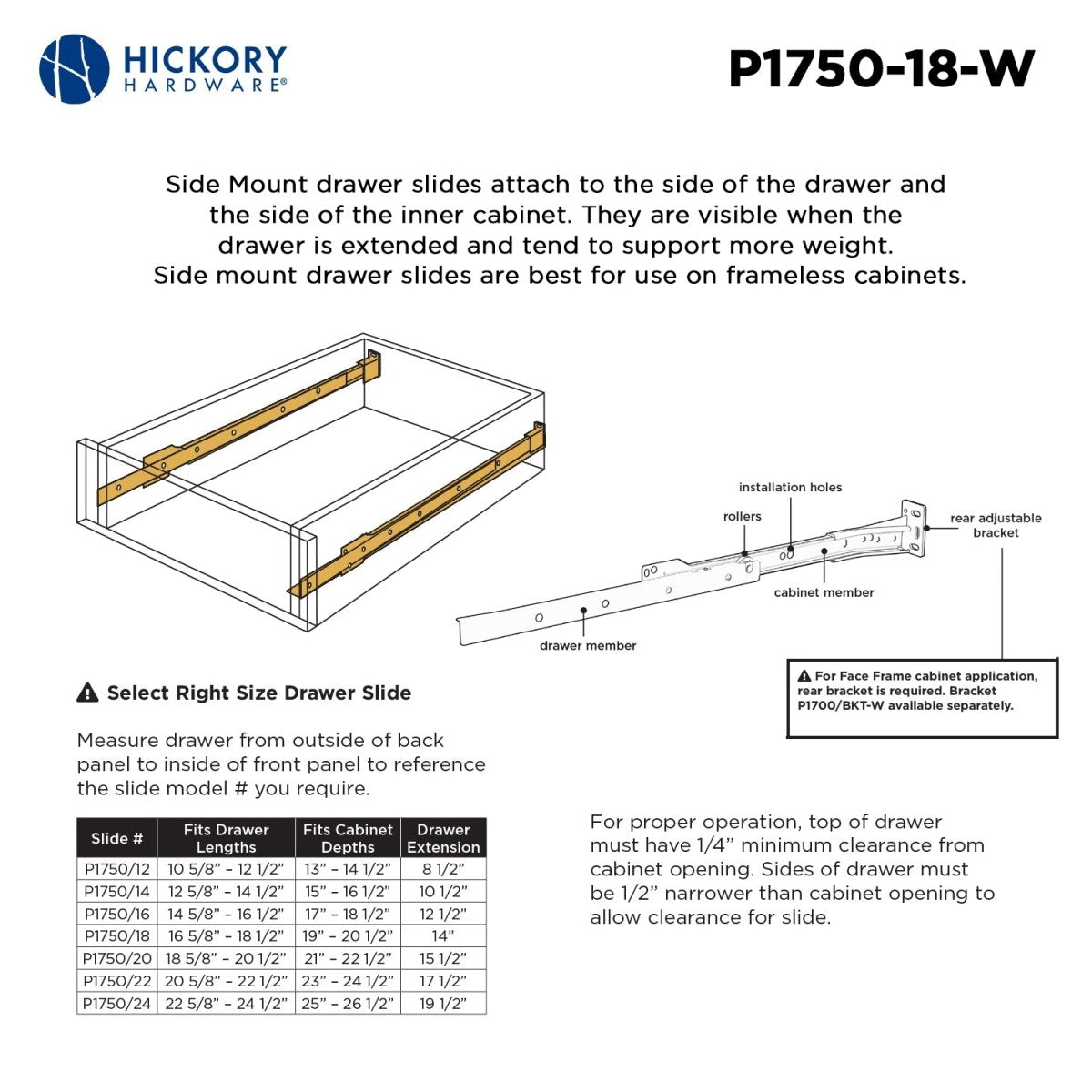 Drawer Slide Side Mount 3/4 Extension 12 Inch - Hickory Hardware - BUILDMYPLACE