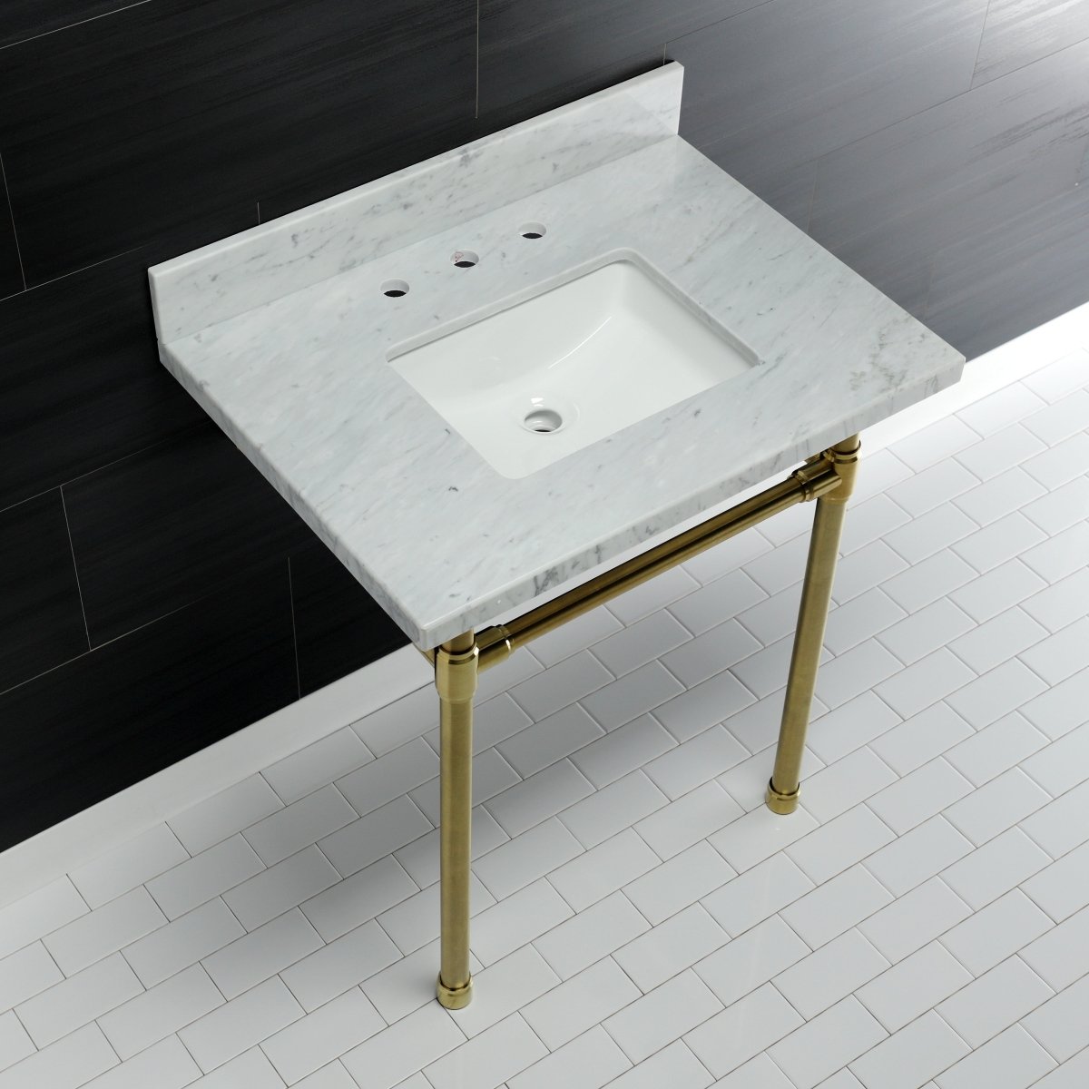 Dreyfuss 30" x 22" Carrara Marble Vanity Top with Stainless Steel Legs, Marble White/Matte Black - BUILDMYPLACE