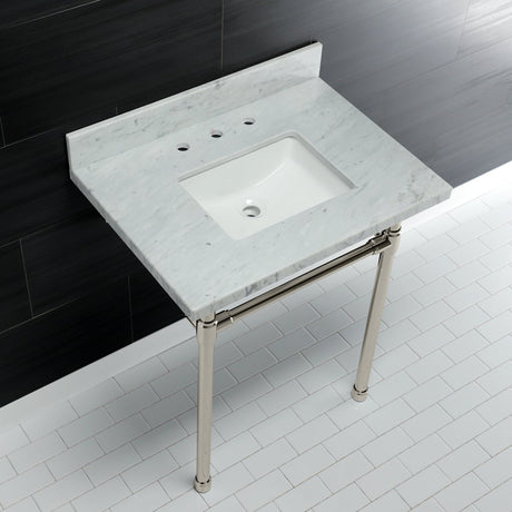 Dreyfuss 30" x 22" Carrara Marble Vanity Top with Stainless Steel Legs, Marble White/Matte Black - BUILDMYPLACE