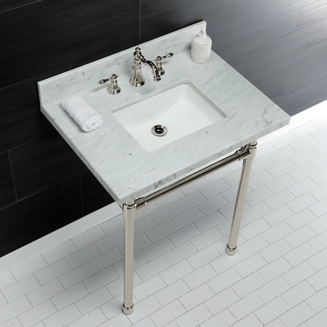 Dreyfuss 30" x 22" Carrara Marble Vanity Top with Stainless Steel Legs, Marble White/Matte Black - BUILDMYPLACE