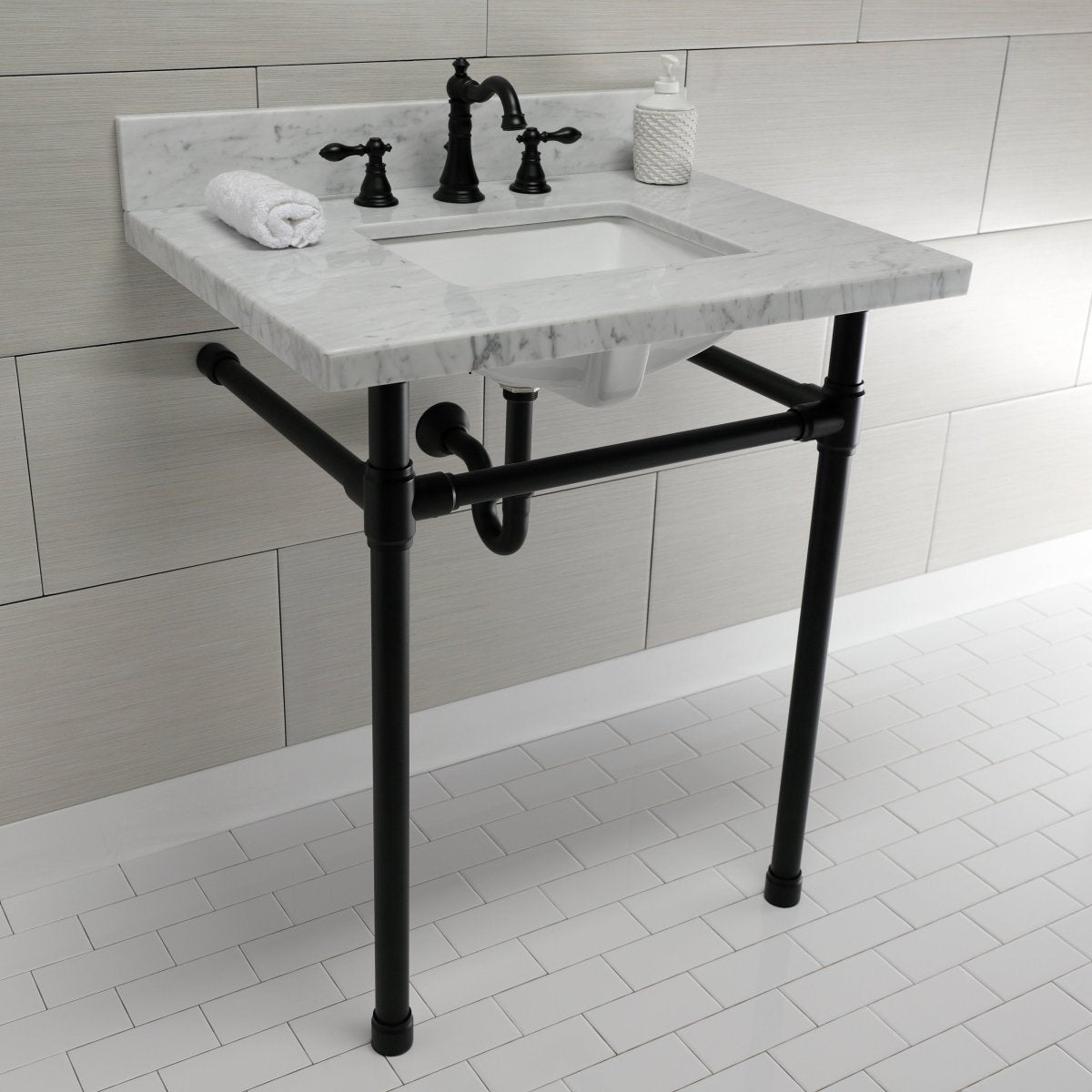 Dreyfuss 30" x 22" Carrara Marble Vanity Top with Stainless Steel Legs, Marble White/Matte Black - BUILDMYPLACE