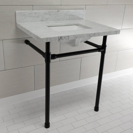 Dreyfuss 30" x 22" Carrara Marble Vanity Top with Stainless Steel Legs, Marble White/Matte Black - BUILDMYPLACE