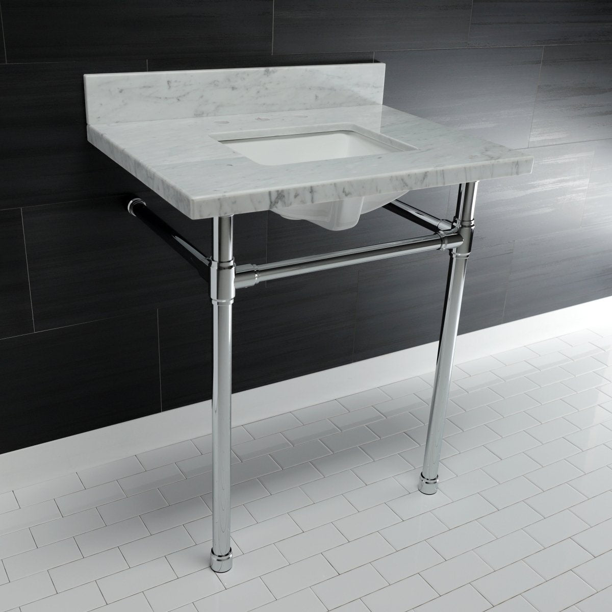 Dreyfuss 30" x 22" Carrara Marble Vanity Top with Stainless Steel Legs, Marble White/Matte Black - BUILDMYPLACE