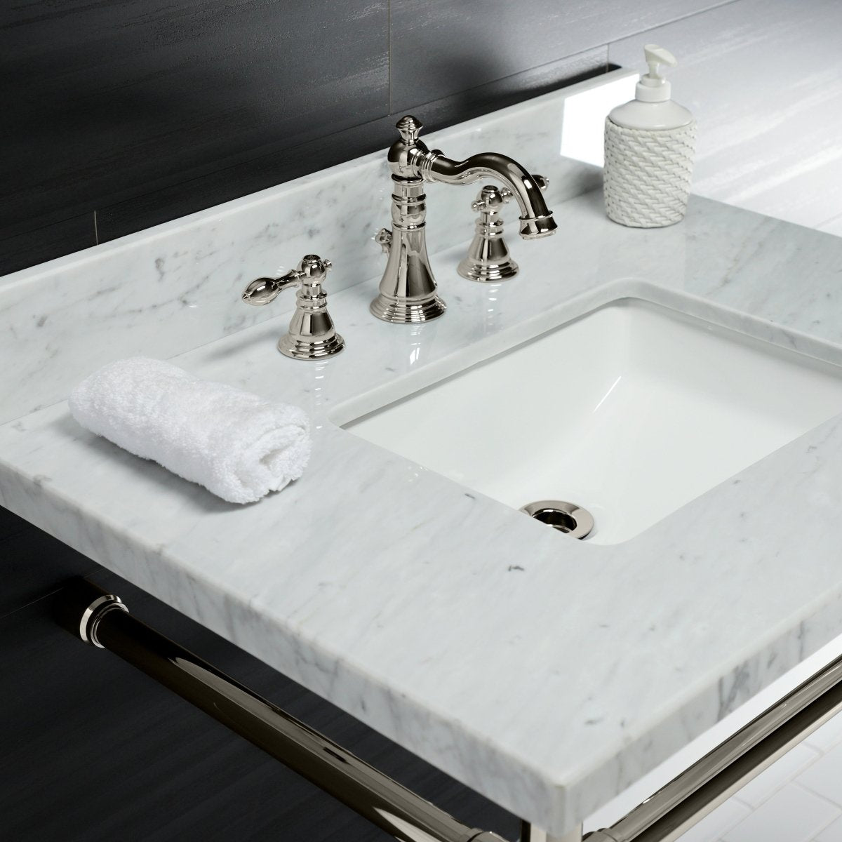 Dreyfuss 30" x 22" Carrara Marble Vanity Top with Stainless Steel Legs, Marble White/Matte Black - BUILDMYPLACE