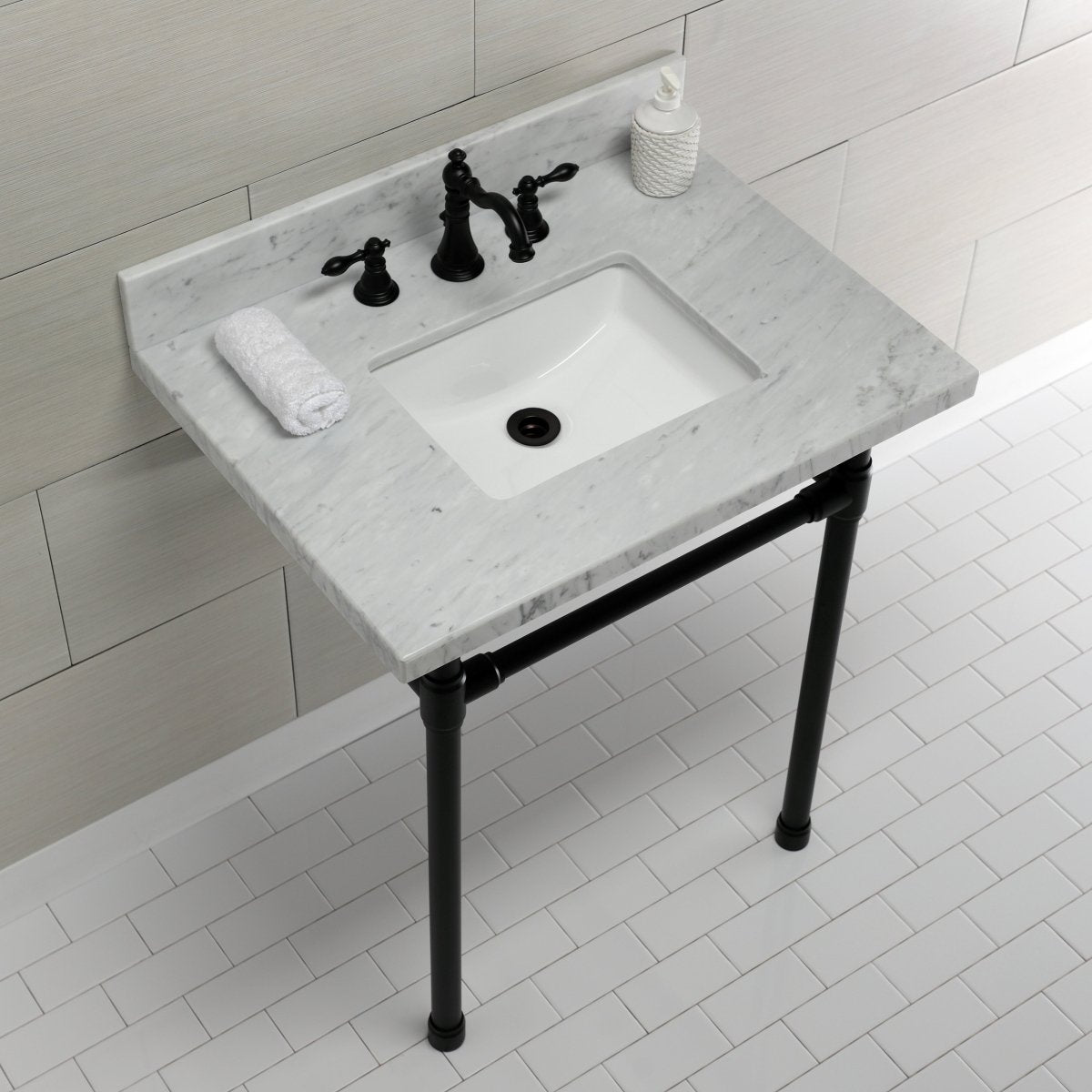 Dreyfuss 30" x 22" Carrara Marble Vanity Top with Stainless Steel Legs, Marble White/Matte Black - BUILDMYPLACE