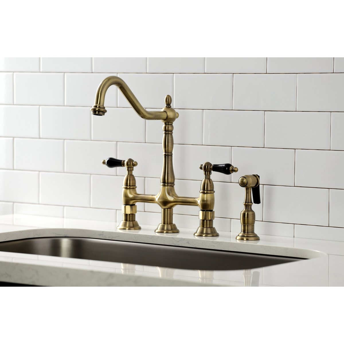 Duchess Traditional Bridge Kitchen Faucet with Brass Sprayer - BUILDMYPLACE