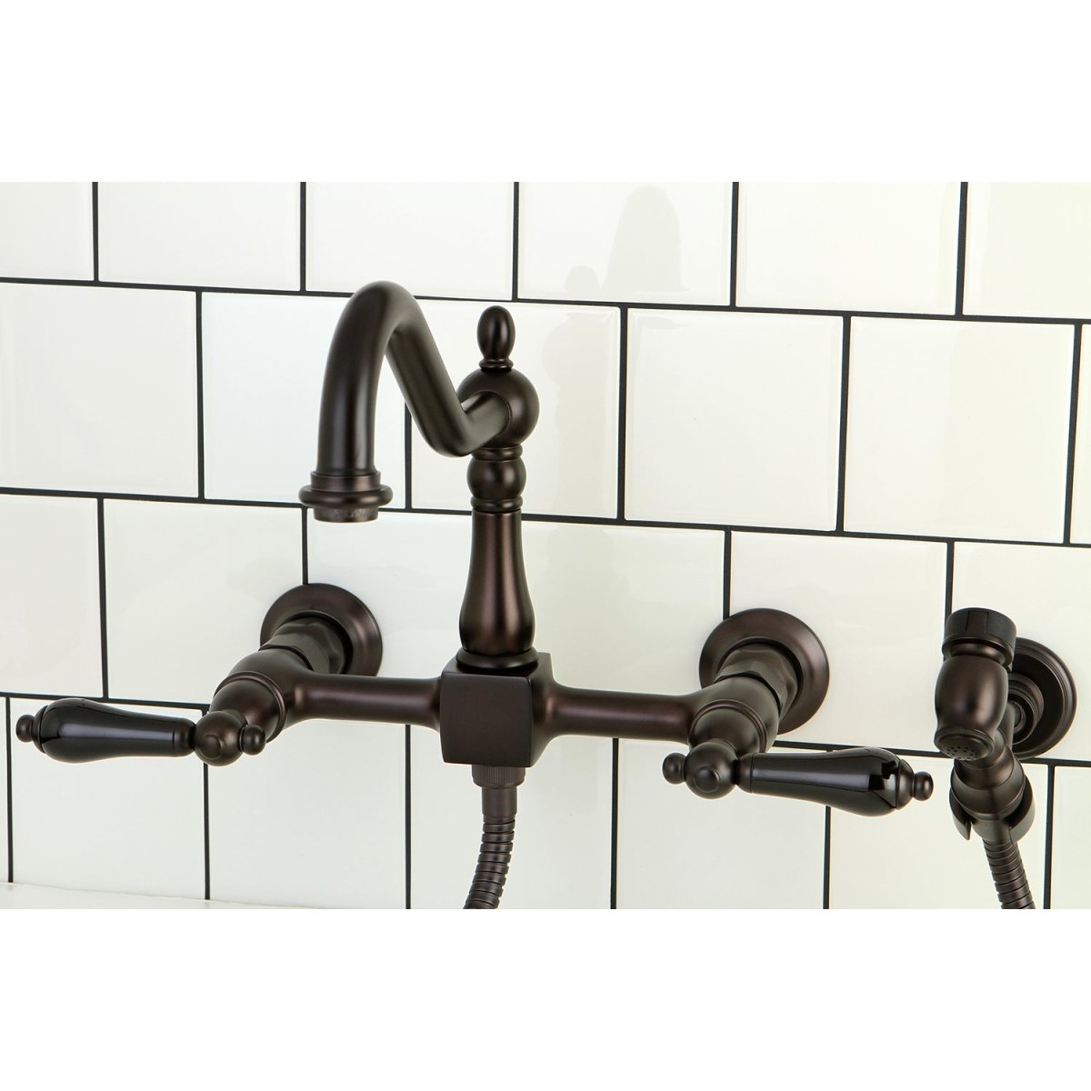 Duchess Two - Handle Wall Mount Bridge Kitchen Faucet with Brass Sprayer - BUILDMYPLACE