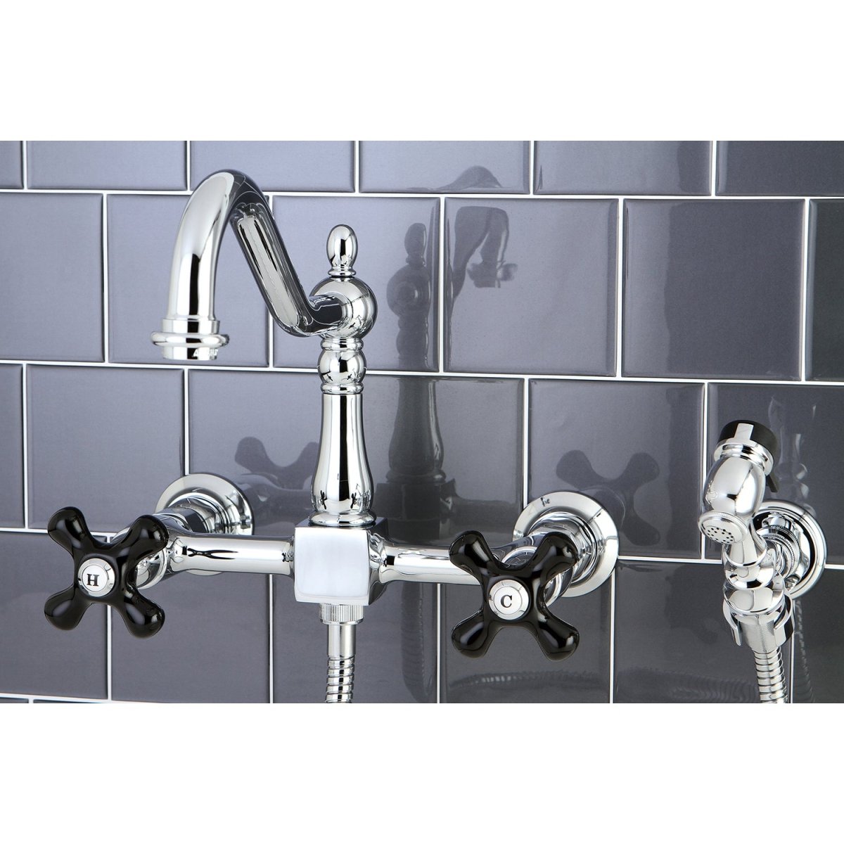 Duchess Wall Mount Bridge Kitchen Faucet with Brass Sprayer - BUILDMYPLACE