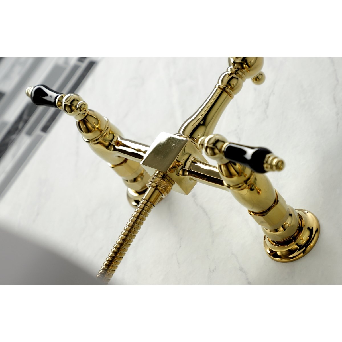 Duchess Wall Mount Traditional Bridge Kitchen Faucet with Brass Sprayer - BUILDMYPLACE