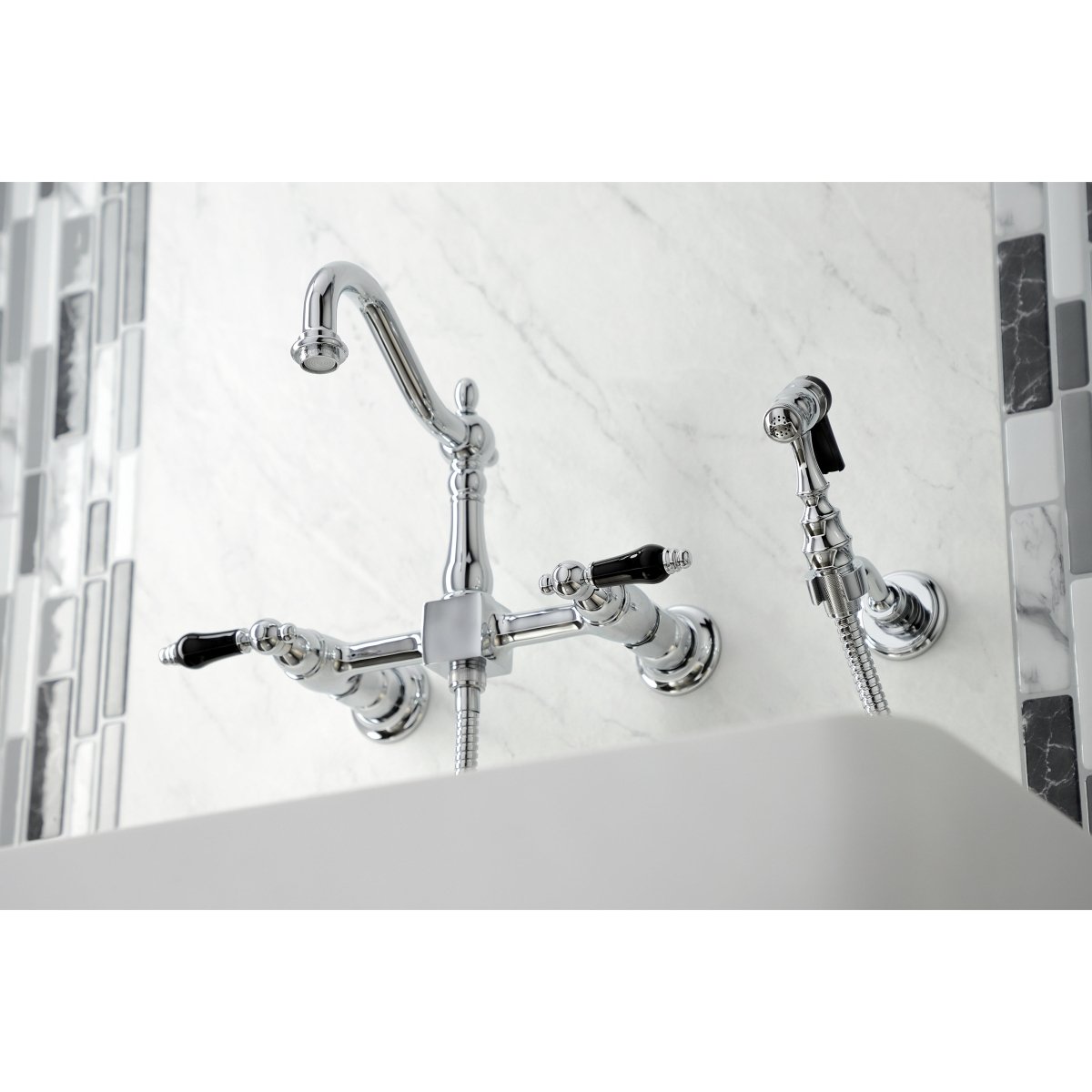 Duchess Wall Mount Traditional Bridge Kitchen Faucet with Brass Sprayer - BUILDMYPLACE