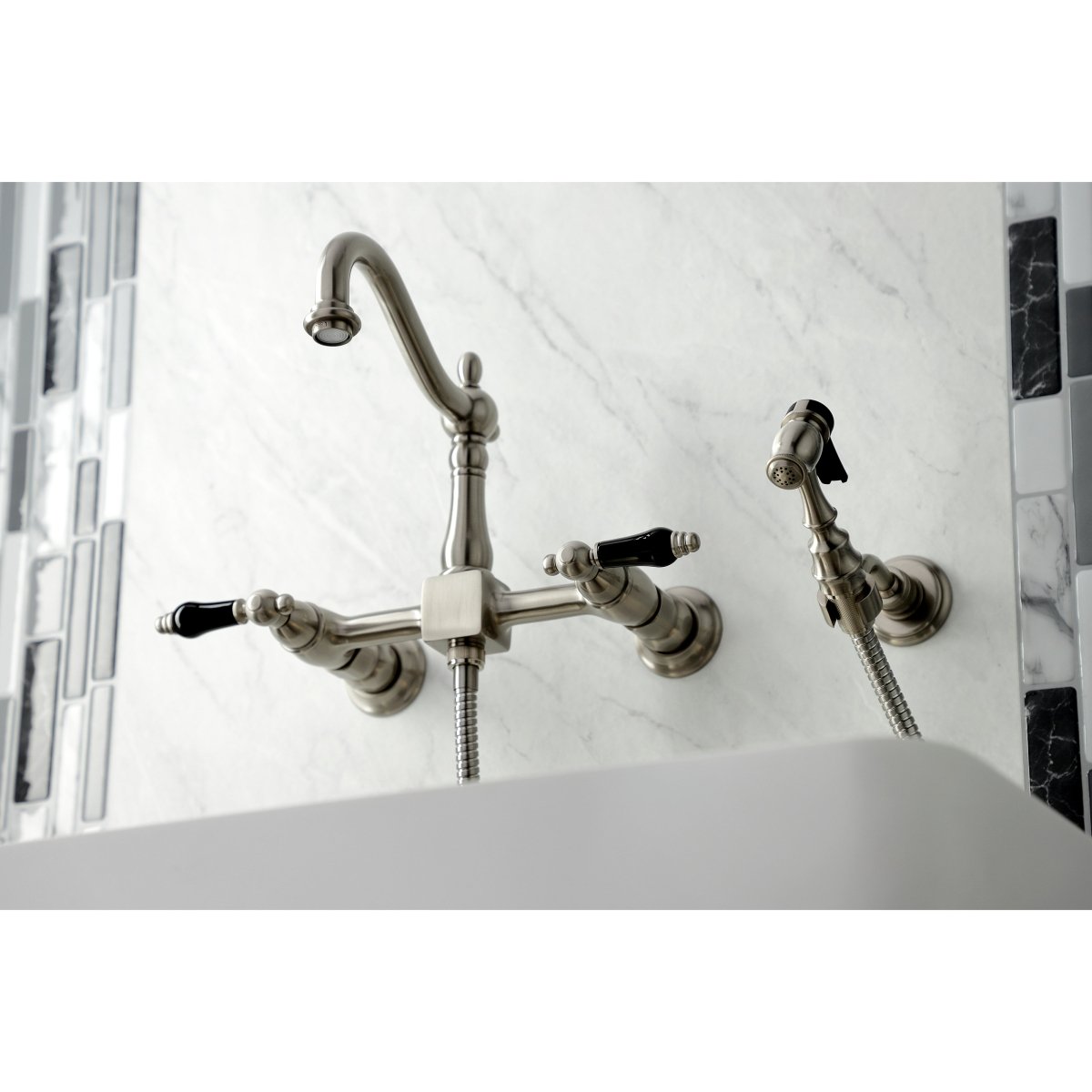 Duchess Wall Mount Traditional Bridge Kitchen Faucet with Brass Sprayer - BUILDMYPLACE