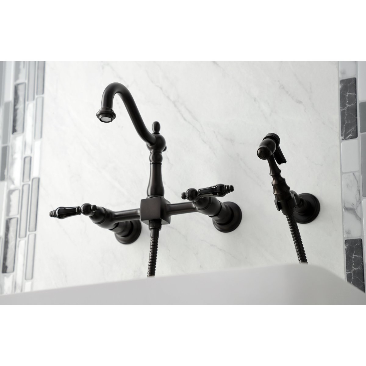 Duchess Wall Mount Traditional Bridge Kitchen Faucet with Brass Sprayer - BUILDMYPLACE