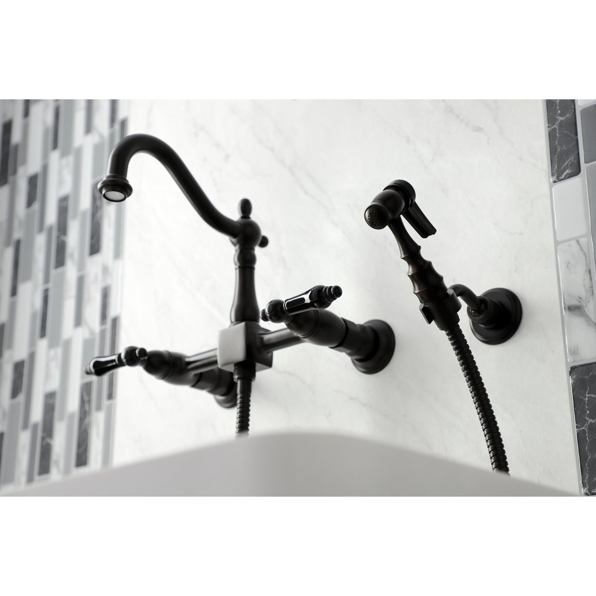 Duchess Wall Mount Traditional Bridge Kitchen Faucet with Brass Sprayer - BUILDMYPLACE