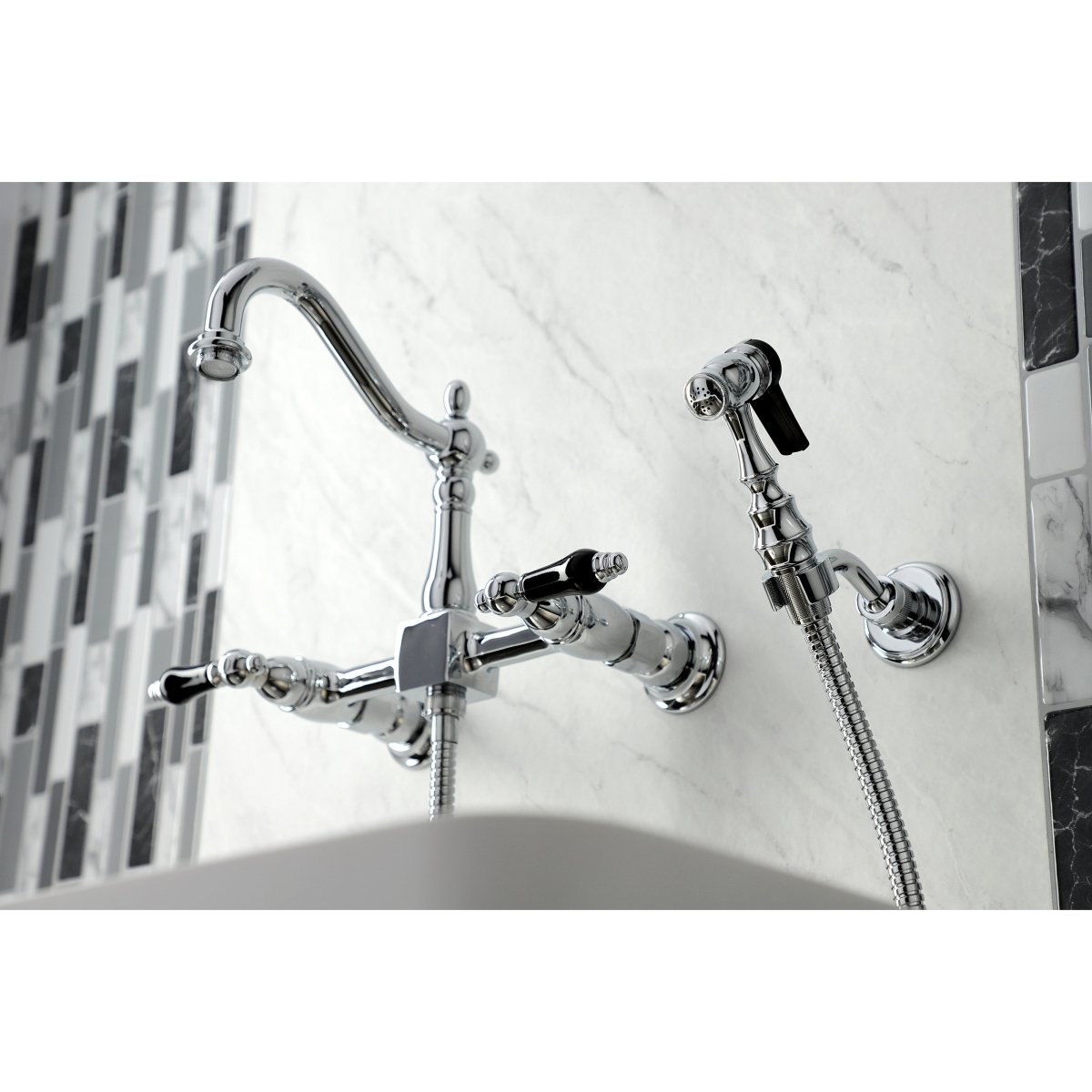 Duchess Wall Mount Traditional Bridge Kitchen Faucet with Brass Sprayer - BUILDMYPLACE