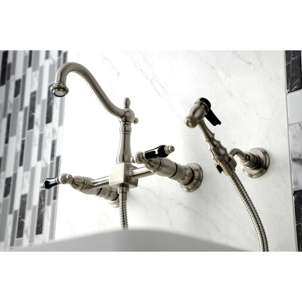 Duchess Wall Mount Traditional Bridge Kitchen Faucet with Brass Sprayer - BUILDMYPLACE