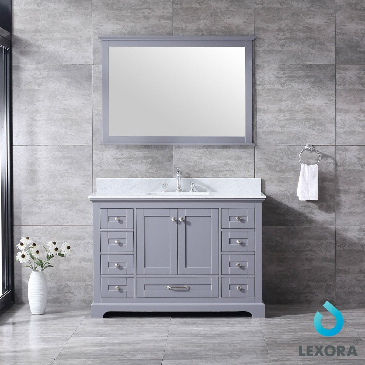 Dukes 48" Dark Grey Single Vanity, White Carrara Marble Top, White Square Sink and 46" Mirror w/ Faucet - BUILDMYPLACE