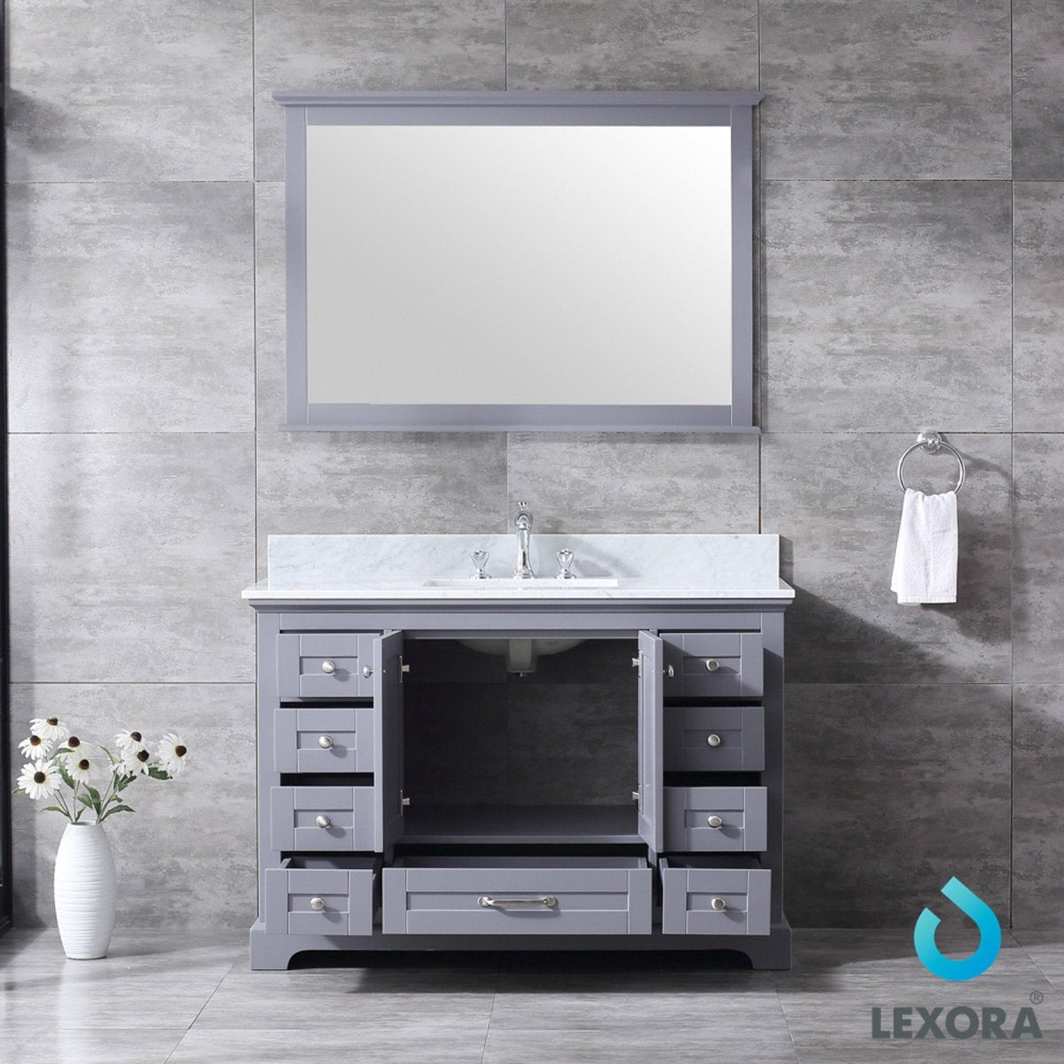 Dukes 48" Dark Grey Single Vanity, White Carrara Marble Top, White Square Sink and 46" Mirror w/ Faucet - BUILDMYPLACE