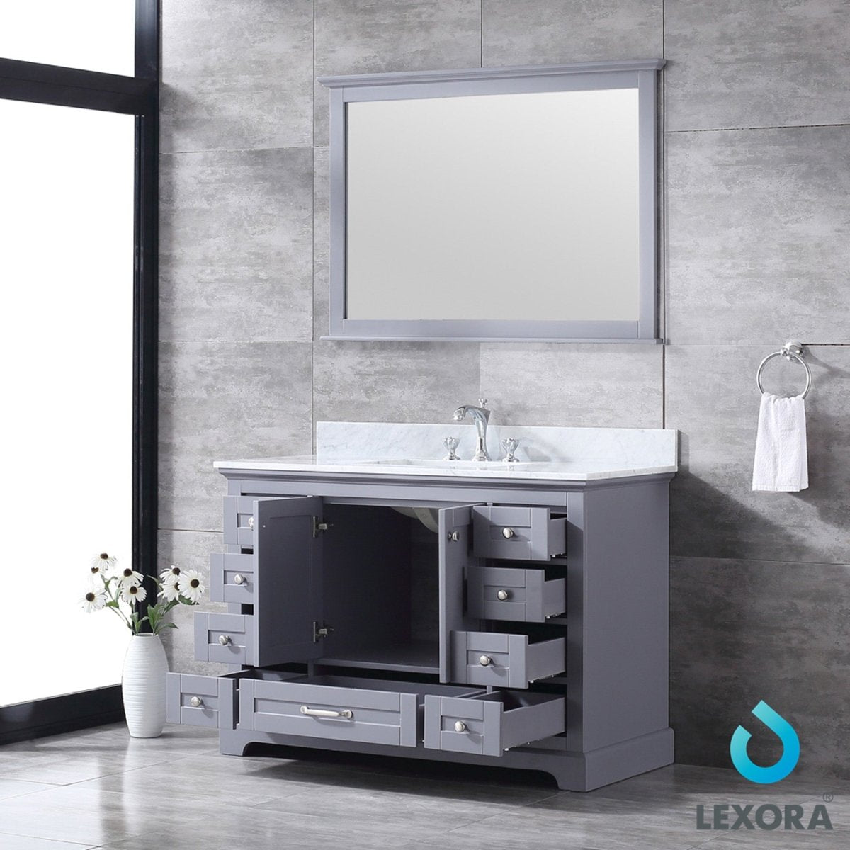 Dukes 48" Dark Grey Single Vanity, White Carrara Marble Top, White Square Sink and 46" Mirror w/ Faucet - BUILDMYPLACE